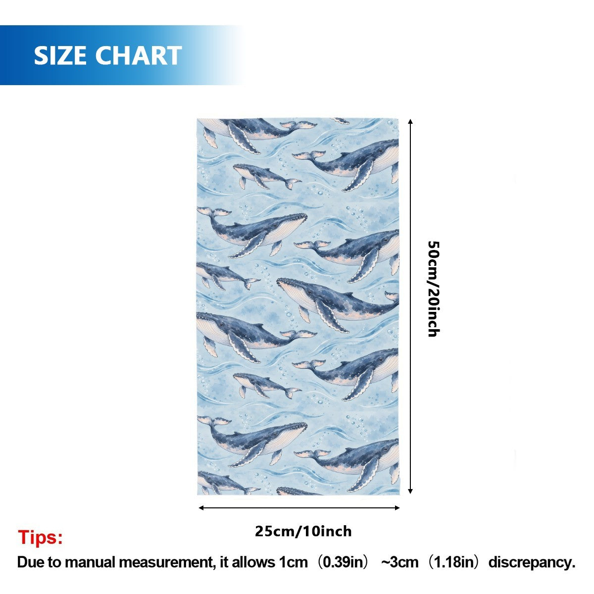 Size chart for the neck gaiter, a tube about 50 cm long and 25 cm wide when flat