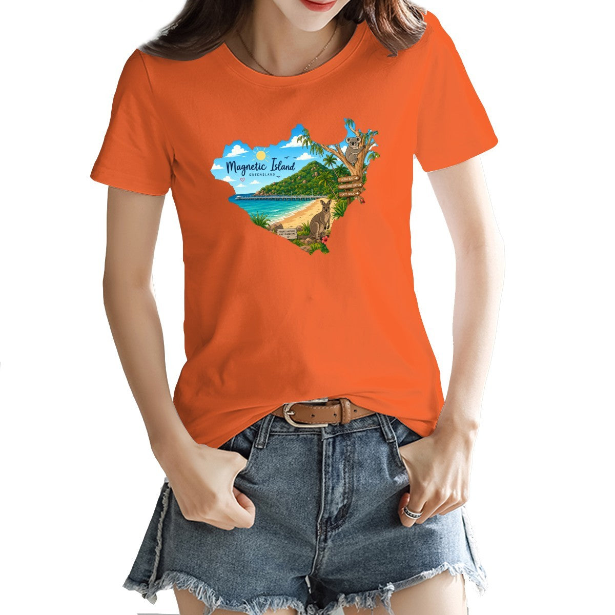 Magnetic Island badge print on a women's t-shirt, koala, kangaroo and beach scene