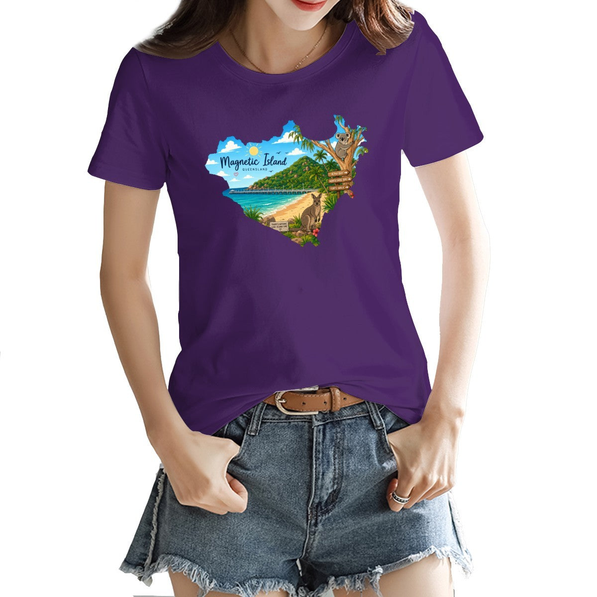 Magnetic Island badge print on a women's t-shirt, koala, kangaroo and beach scene