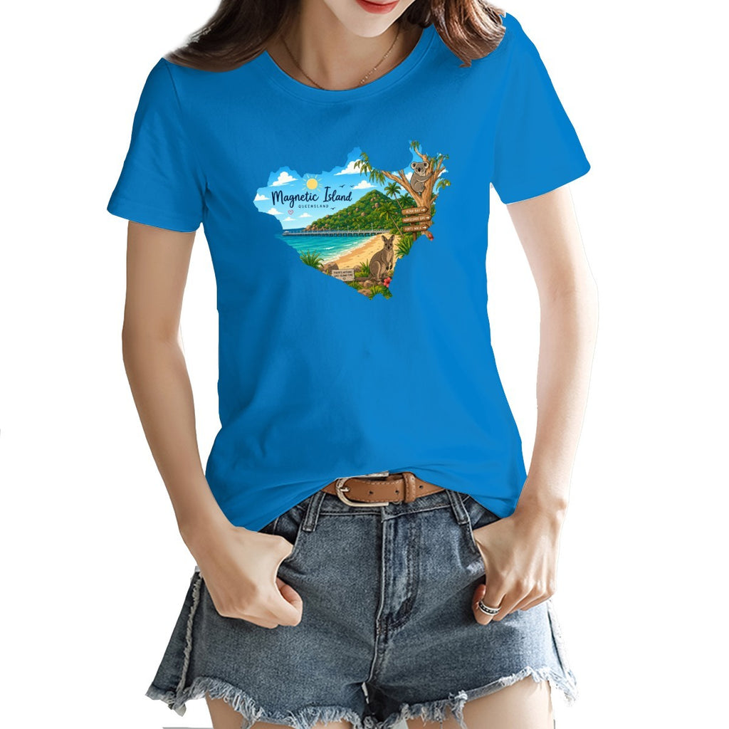 Magnetic Island badge print on a women's t-shirt, koala, kangaroo and beach scene