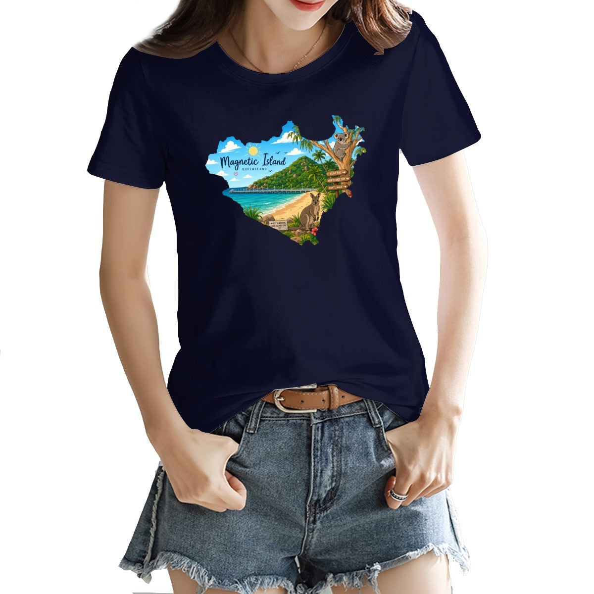 Magnetic Island badge print on a women's t-shirt, koala, kangaroo and beach scene