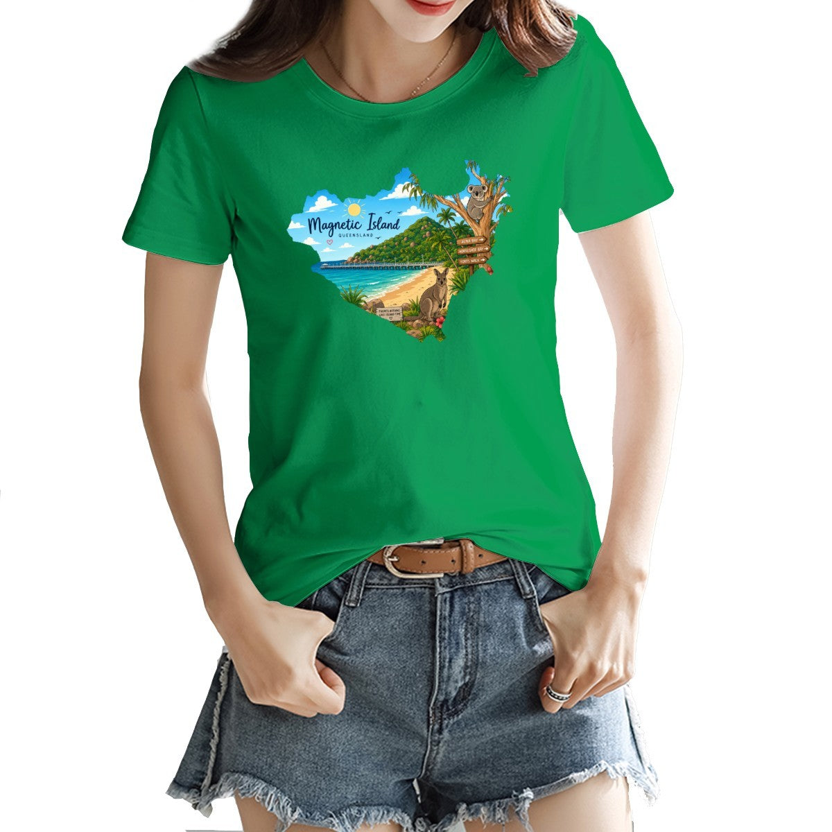 Magnetic Island badge print on a women's t-shirt, koala, kangaroo and beach scene