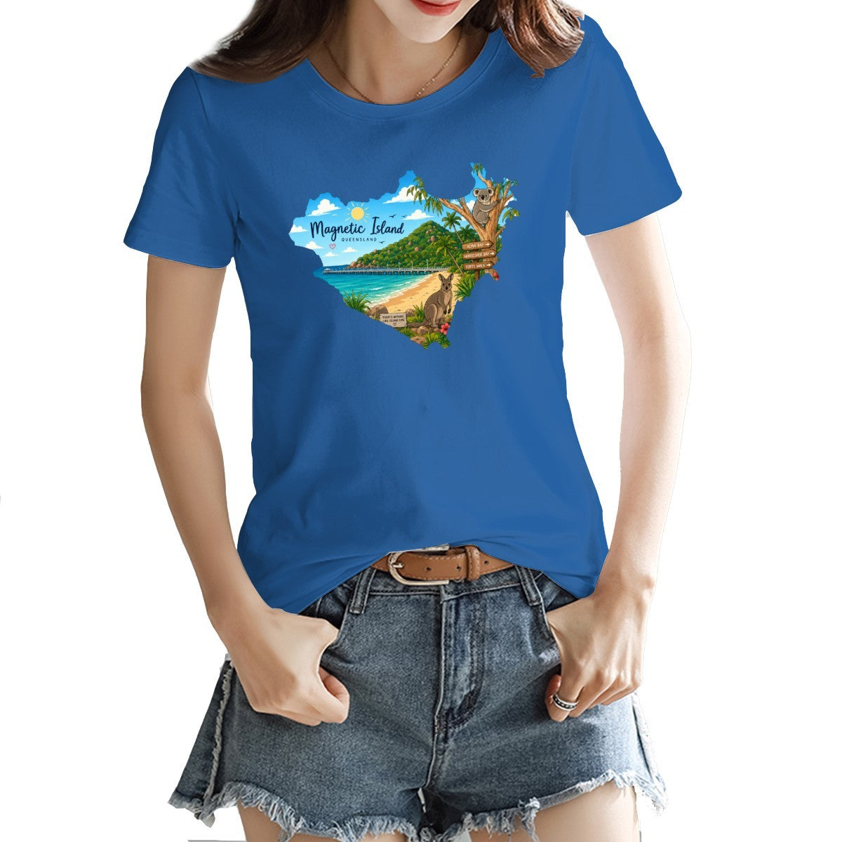 Magnetic Island badge print on a women's t-shirt, koala, kangaroo and beach scene