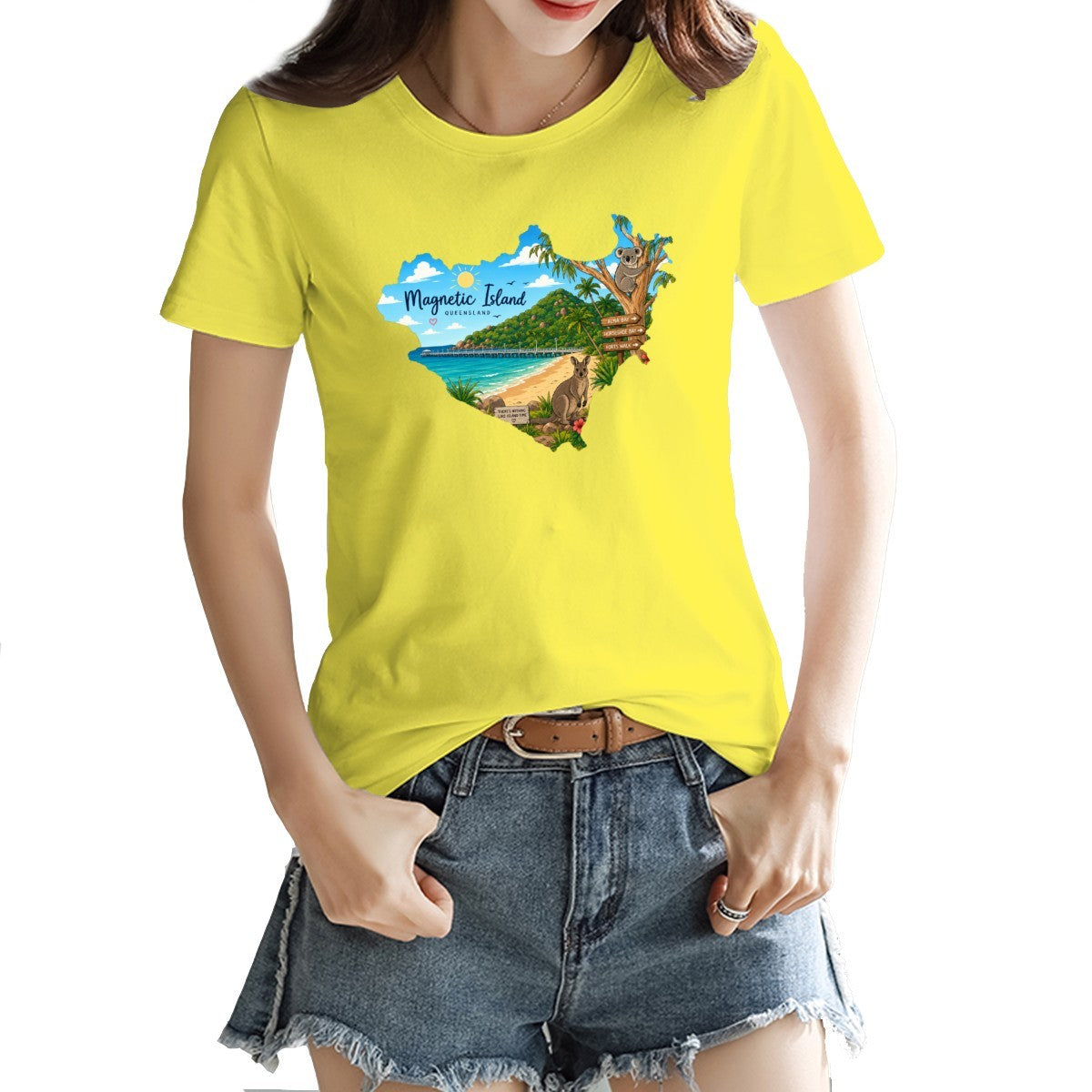 Magnetic Island badge print on a women's t-shirt, koala, kangaroo and beach scene