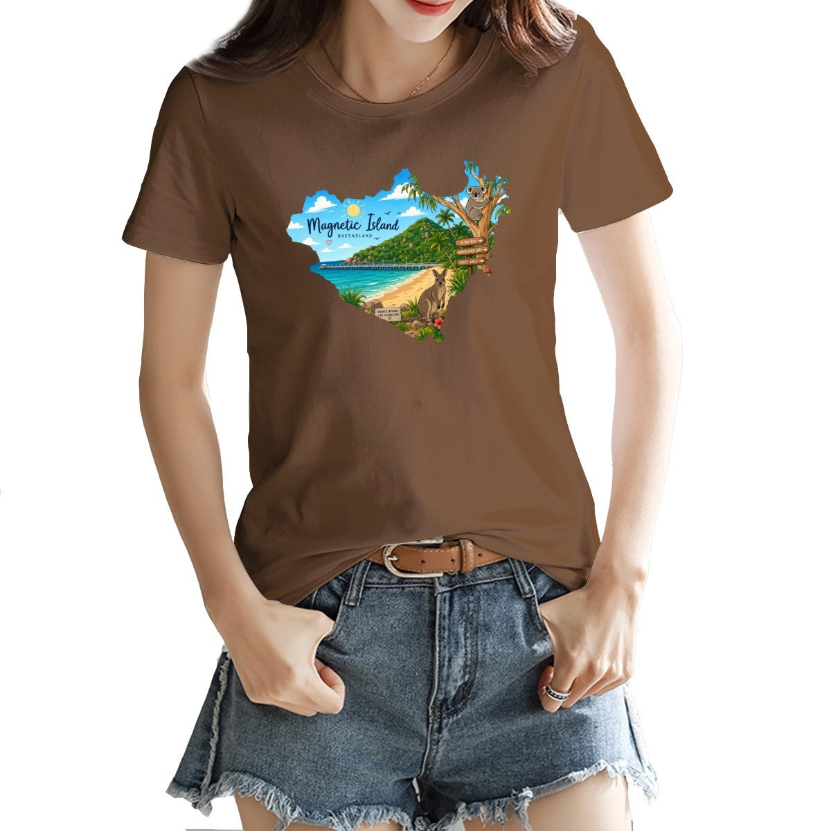 Magnetic Island badge print on a women's t-shirt, koala, kangaroo and beach scene
