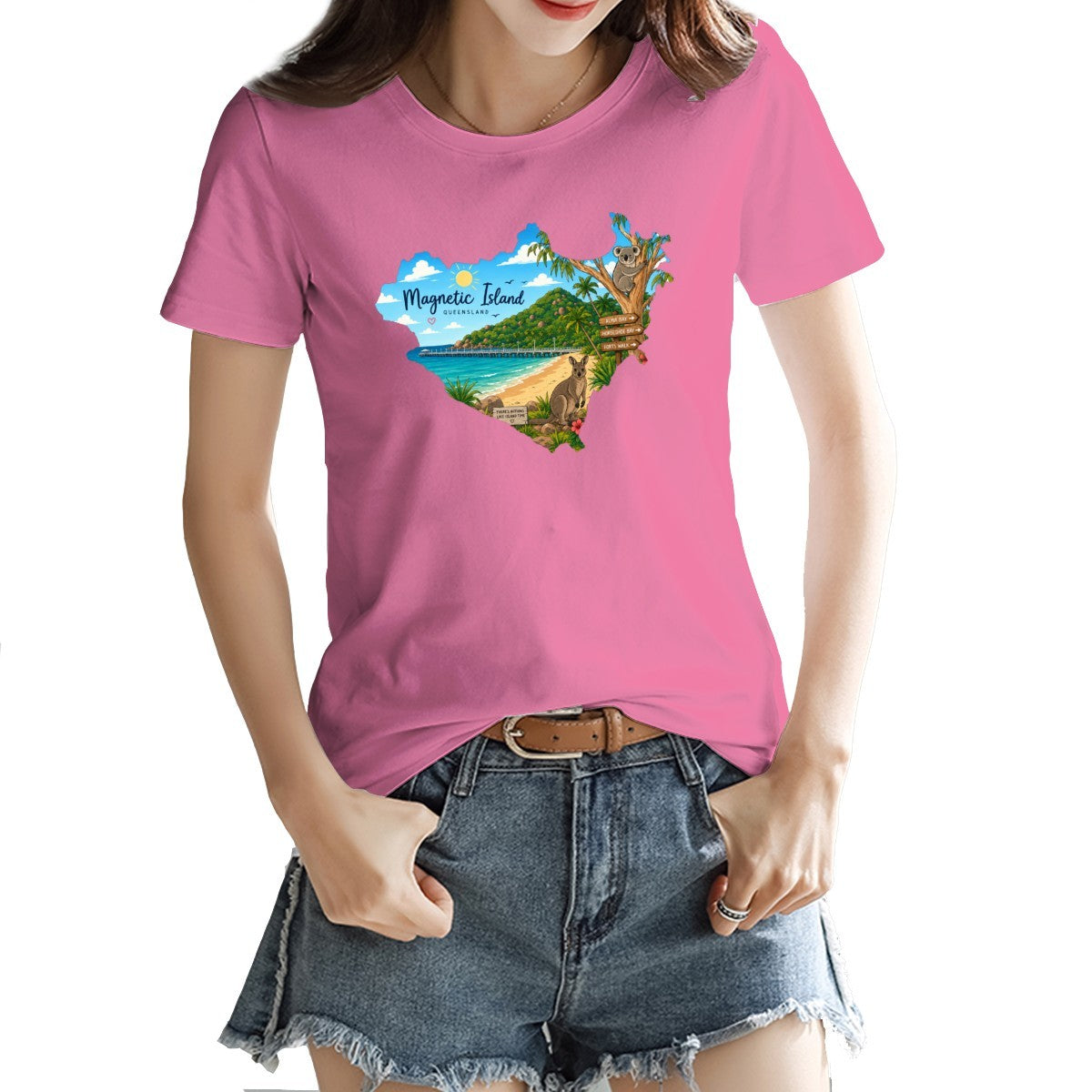 Magnetic Island badge print on a women's t-shirt, koala, kangaroo and beach scene