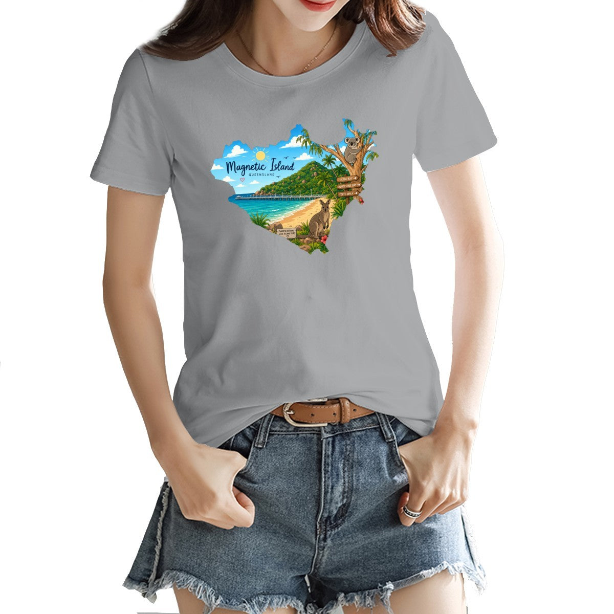Magnetic Island badge print on a women's t-shirt, koala, kangaroo and beach scene