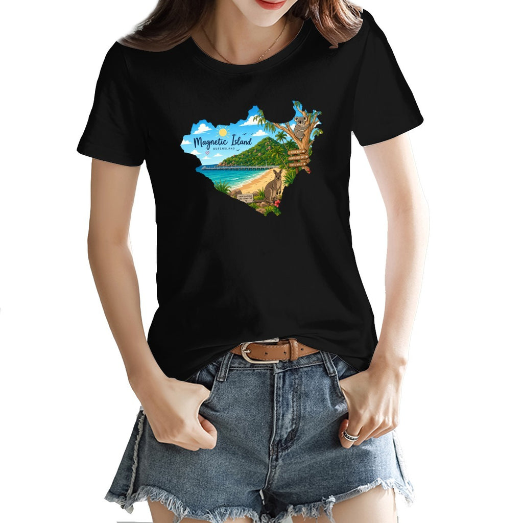 Magnetic Island badge print on a women's t-shirt, koala, kangaroo and beach scene