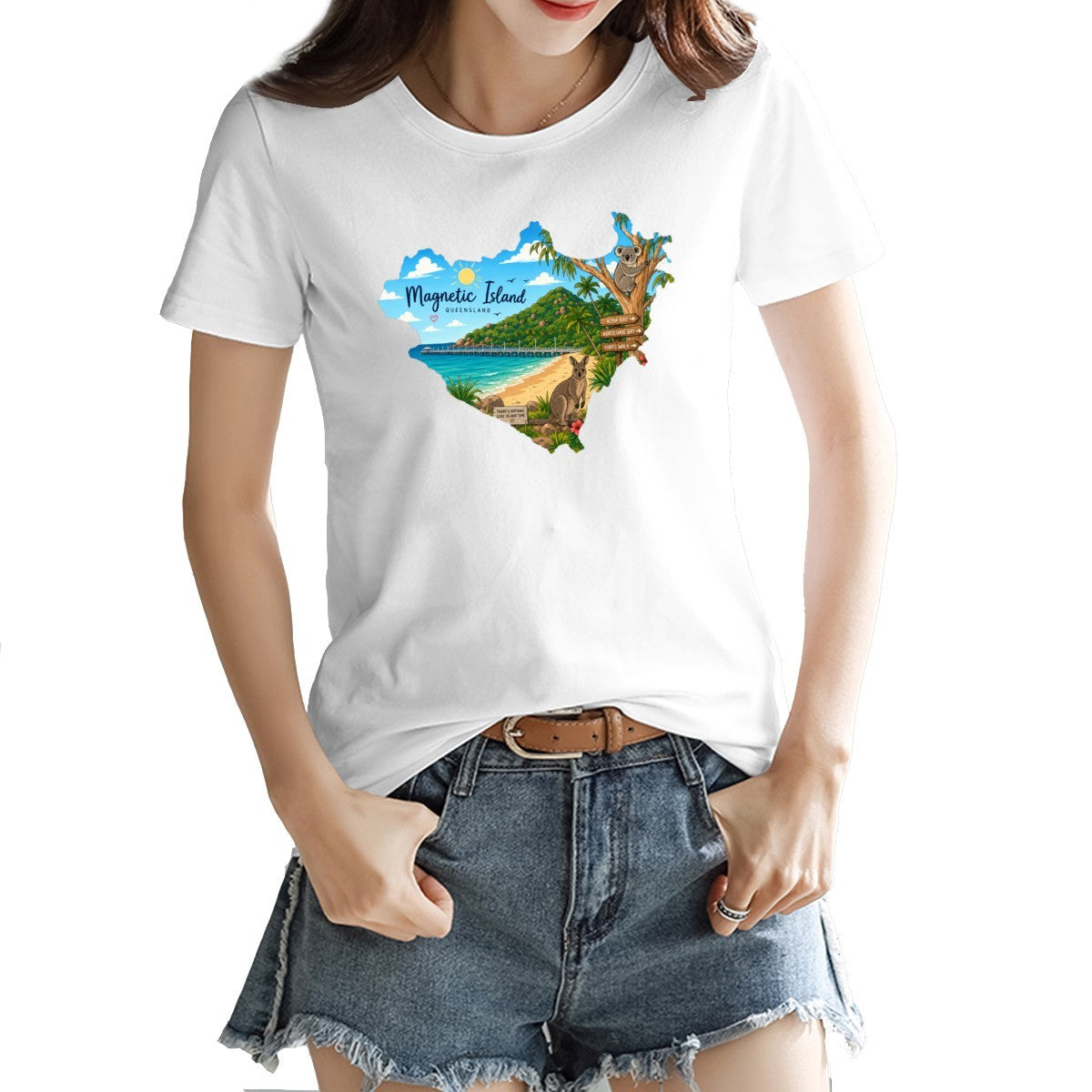 Magnetic Island badge print on a women's t-shirt, koala, kangaroo and beach scene