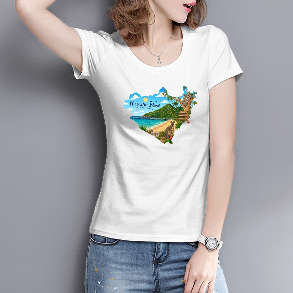 Magnetic Island badge print on a women's t-shirt, koala, kangaroo and beach scene