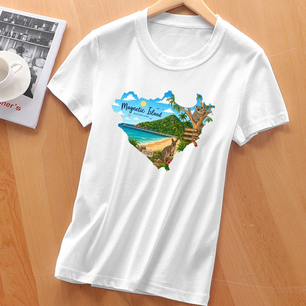 Magnetic Island badge print on a women's t-shirt, koala, kangaroo and beach scene