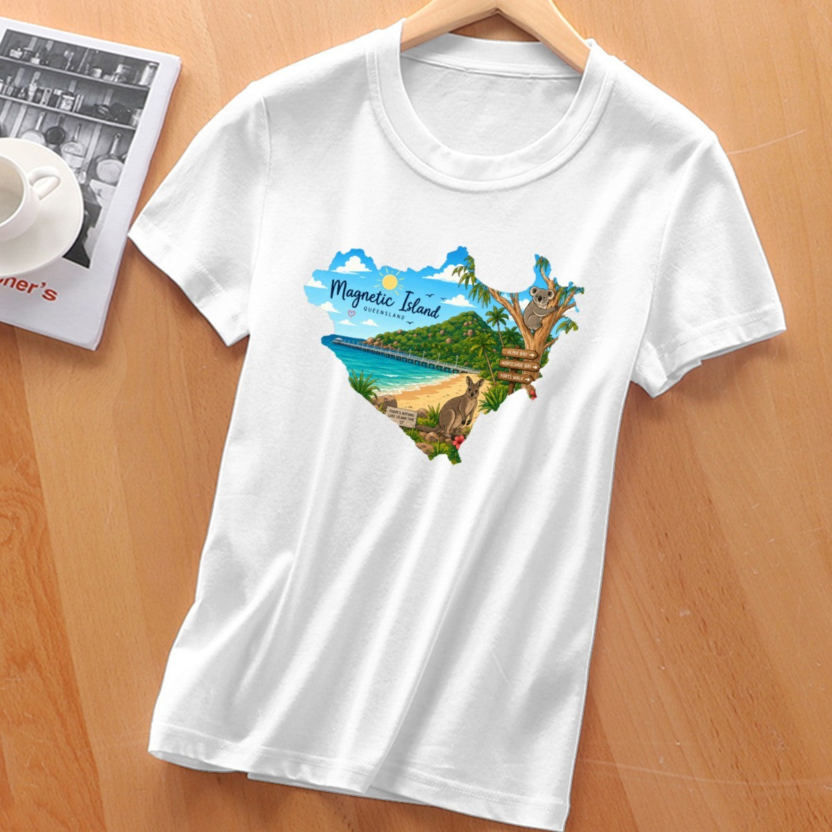 Magnetic Island badge print on a women's t-shirt, koala, kangaroo and beach scene