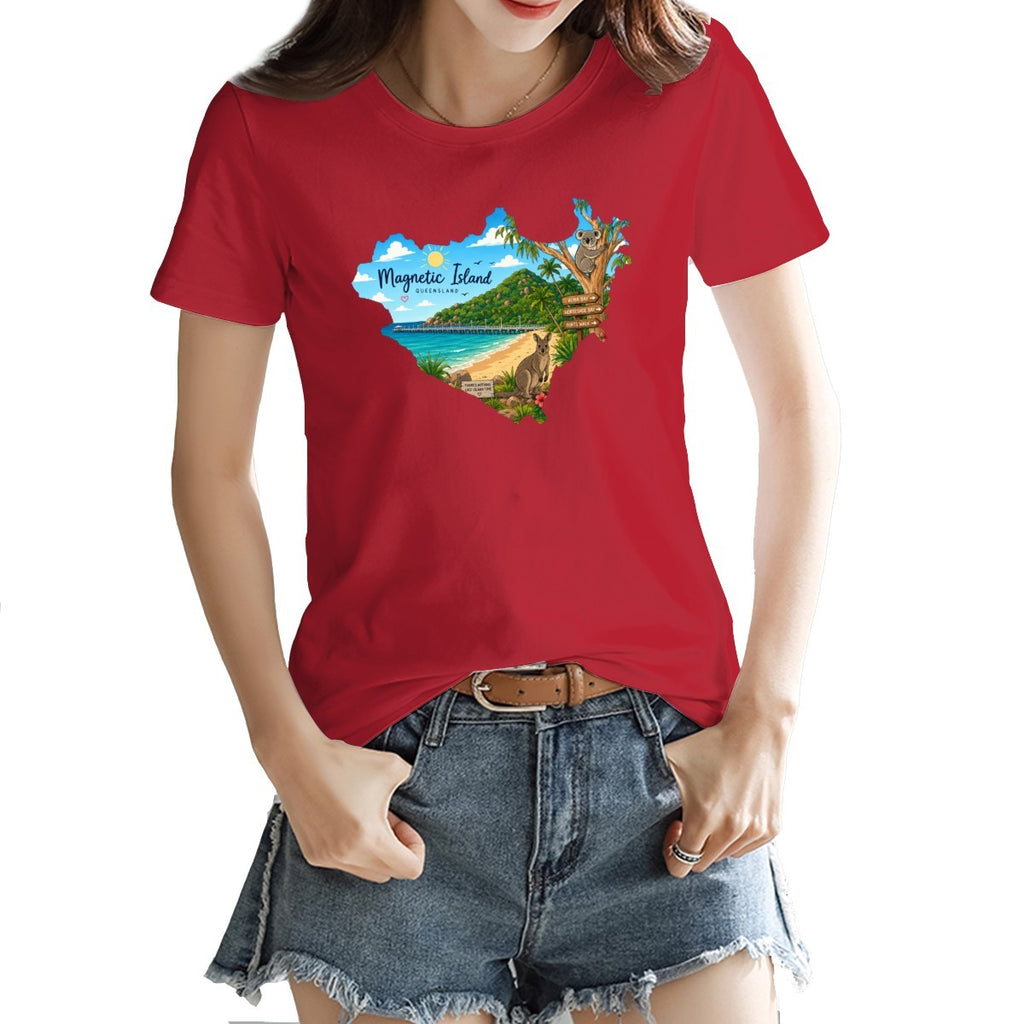 Magnetic Island badge print on a women's t-shirt, koala, kangaroo and beach scene