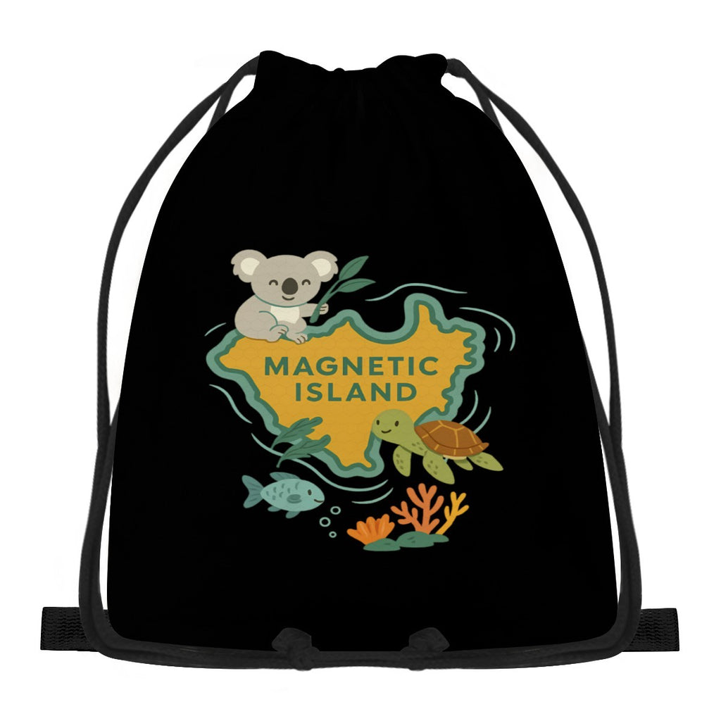 Kids Magnetic Island design with koala and turtle on a black drawstring bag, front view.