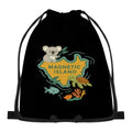 Kids Magnetic Island design with koala and turtle on a black drawstring bag, front view.