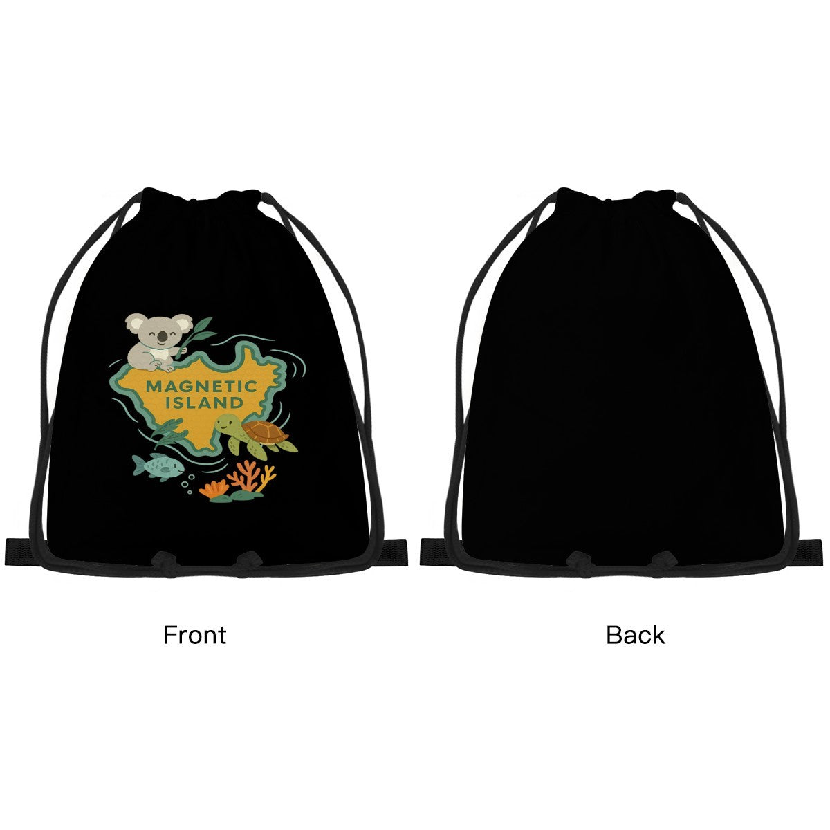 Front and back view of the Kids Magnetic Island drawstring bag, plain black on the reverse.