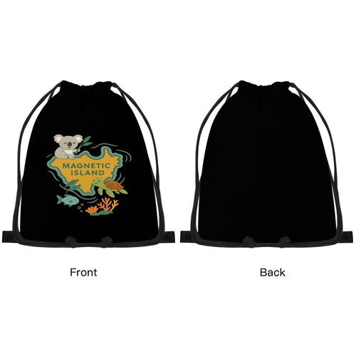 Front and back view of the Kids Magnetic Island drawstring bag, plain black on the reverse.