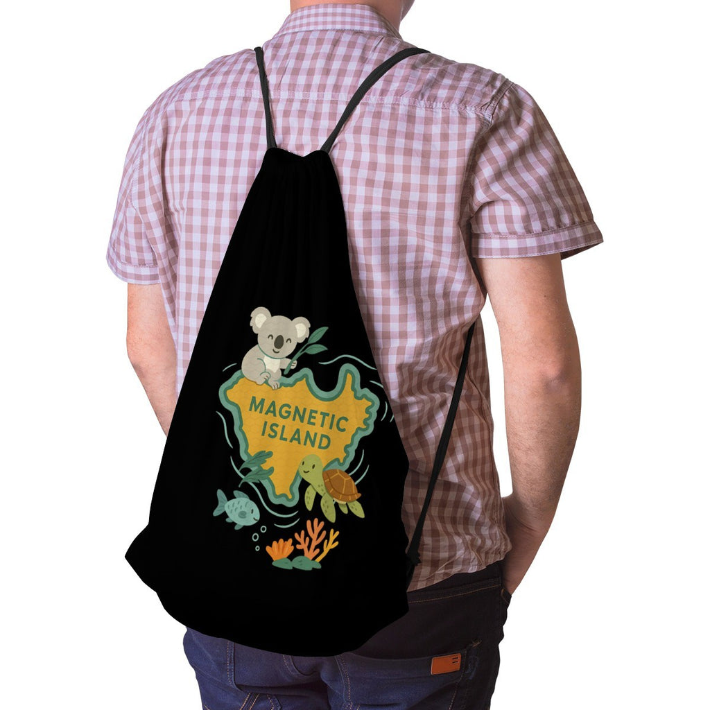 Kids Magnetic Island drawstring bag worn on the back, straps over both shoulders.