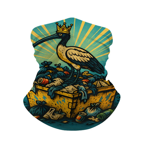 Ibis wearing a crown over a tipped bin print neck gaiter
