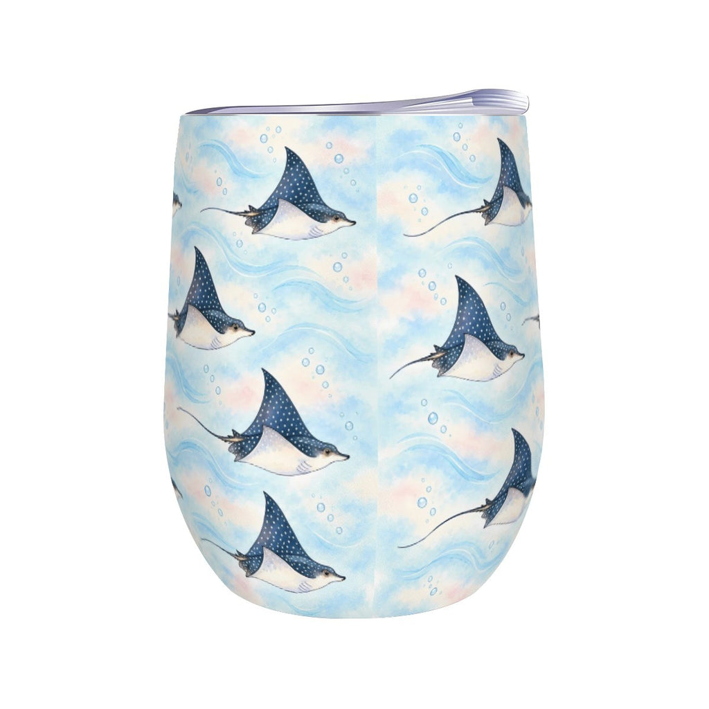 White stemless wine tumbler printed with a repeating pattern of spotted eagle rays