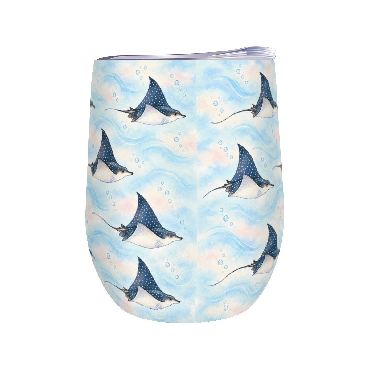 White stemless wine tumbler printed with a repeating pattern of spotted eagle rays