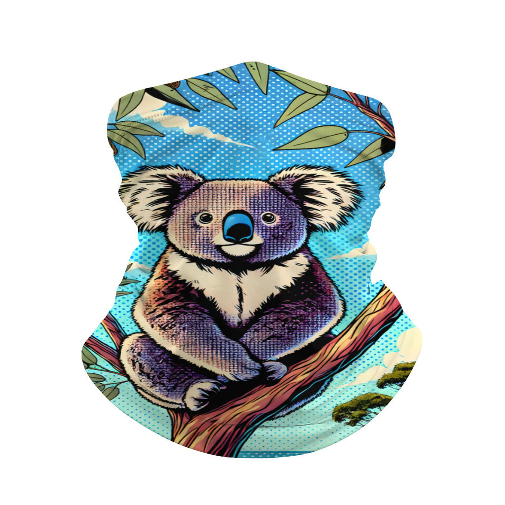 Koala print neck gaiter with eucalyptus leaves, retro comic style