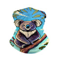 Koala print neck gaiter with eucalyptus leaves, retro comic style