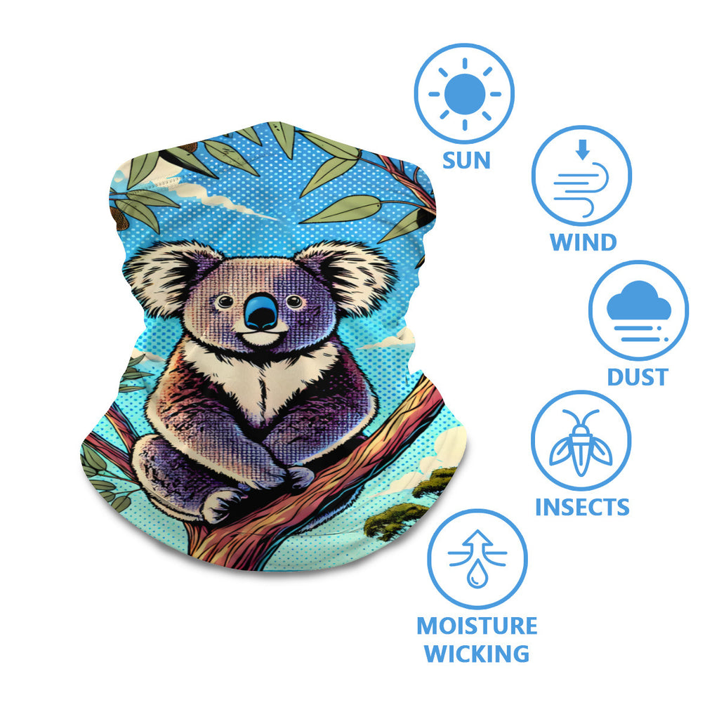 Koala neck gaiter worn around the neck, with sun, wind, dust and insect protection icons