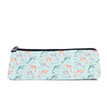 Slim zip pencil case printed with coral, teal and lilac dolphins leaping on pale mint
