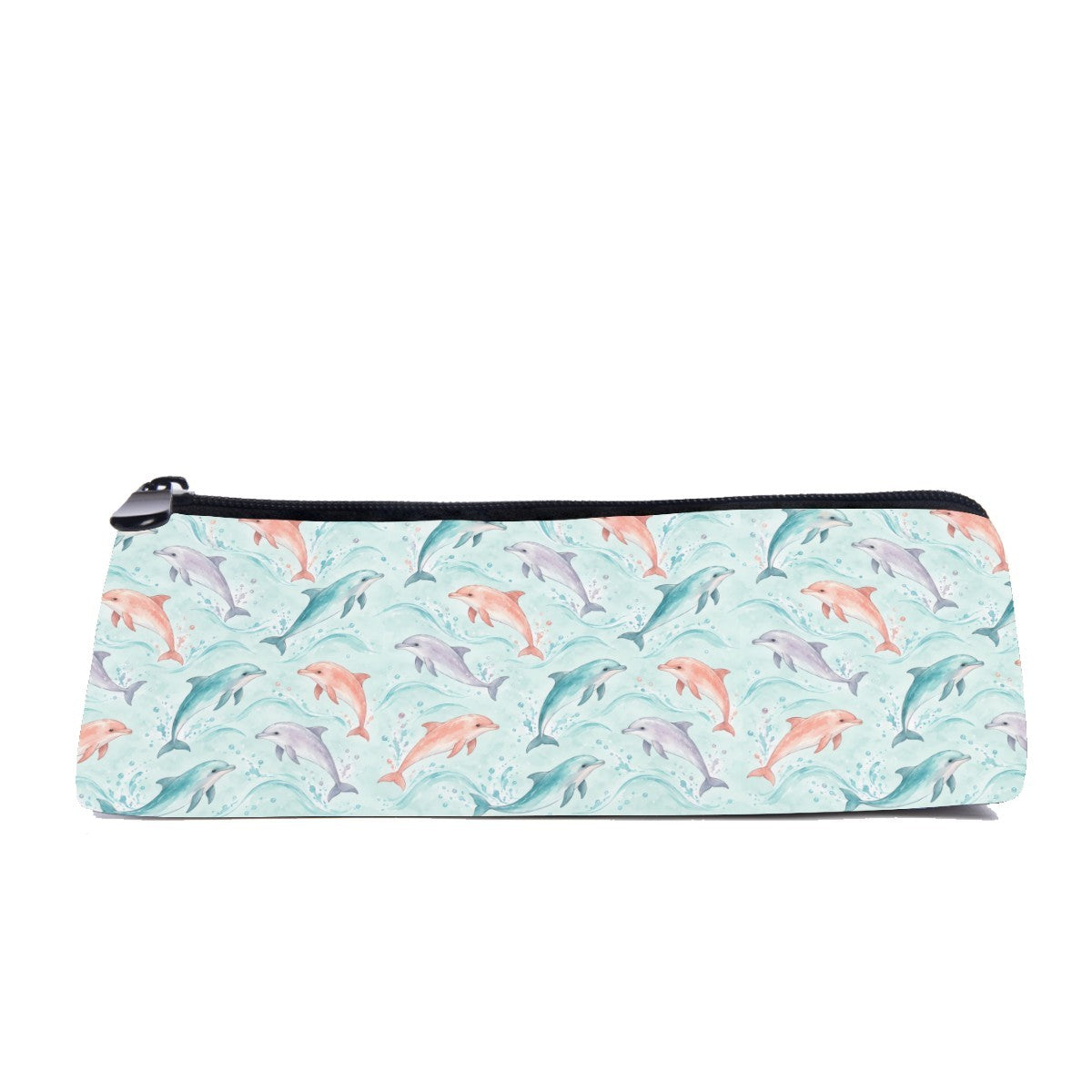 Slim zip pencil case printed with coral, teal and lilac dolphins leaping on pale mint