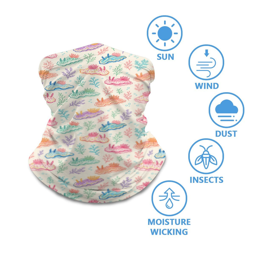 Nudibranch neck gaiter worn around the neck, with sun, wind, dust and insect protection icons