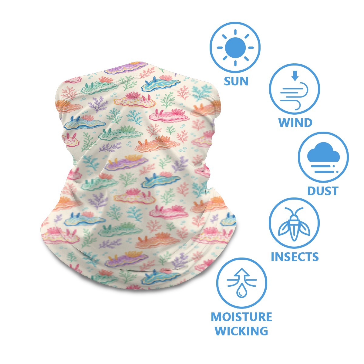 Nudibranch neck gaiter worn around the neck, with sun, wind, dust and insect protection icons