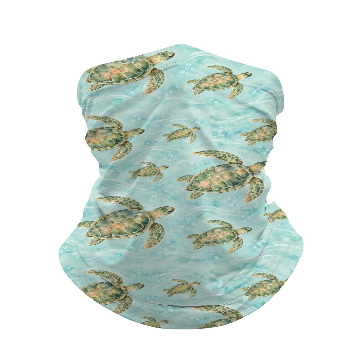Neck gaiter and diving headband with green sea turtles on aqua water with white wave lines