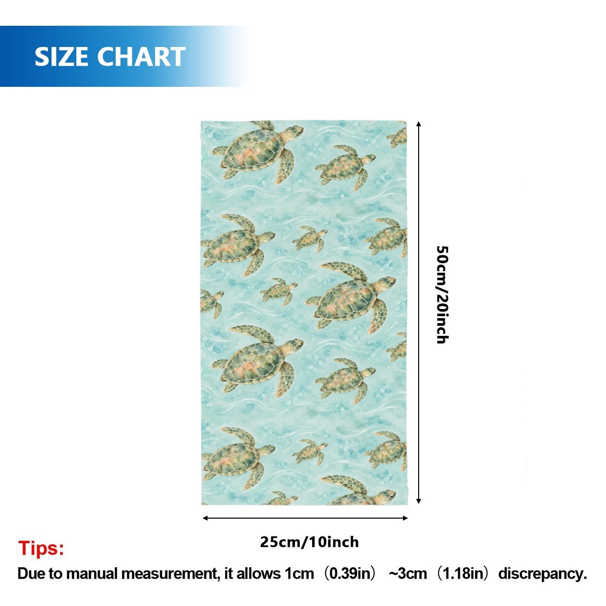 Size chart for the neck gaiter, a tube about 50 cm long and 25 cm wide when flat