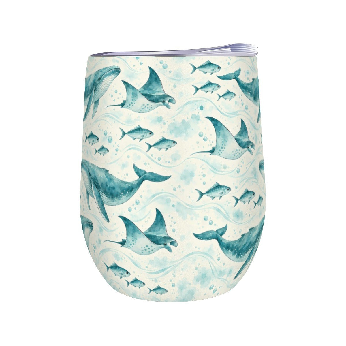 White stemless wine tumbler printed with a repeating pattern of whales and rays