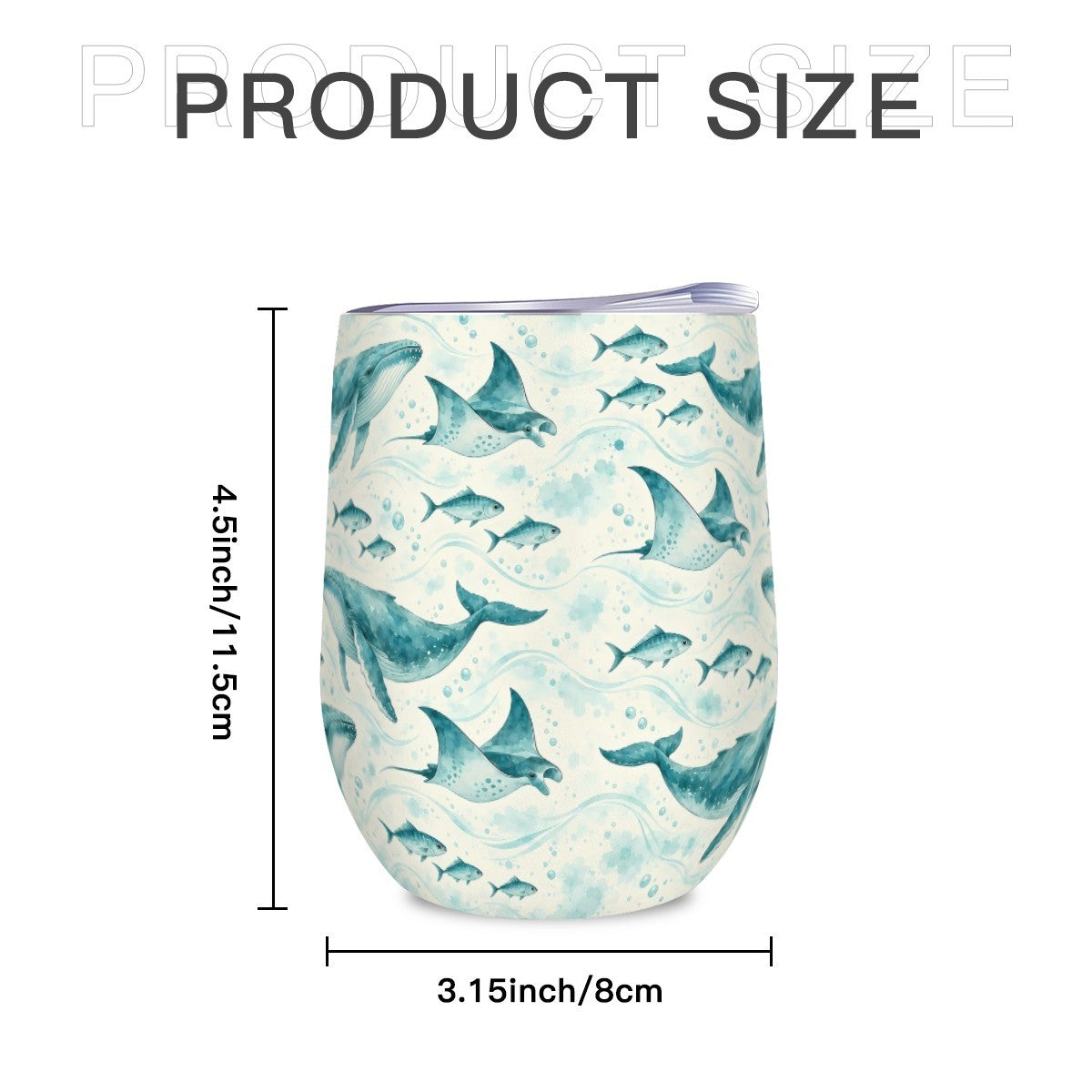 Size diagram of the whale and ray tumbler showing its height and width