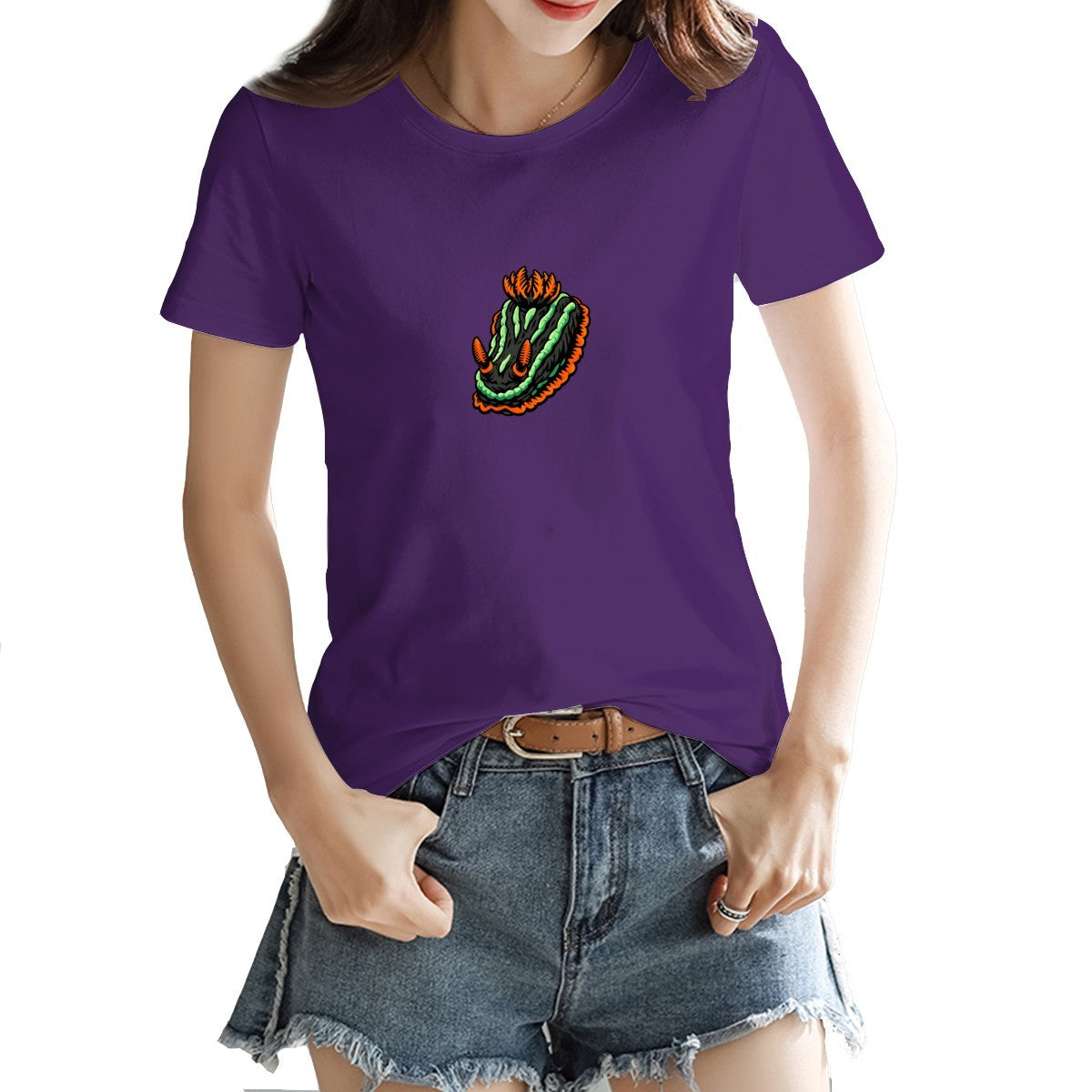 Nembrotha nudibranch tee in purple on a model