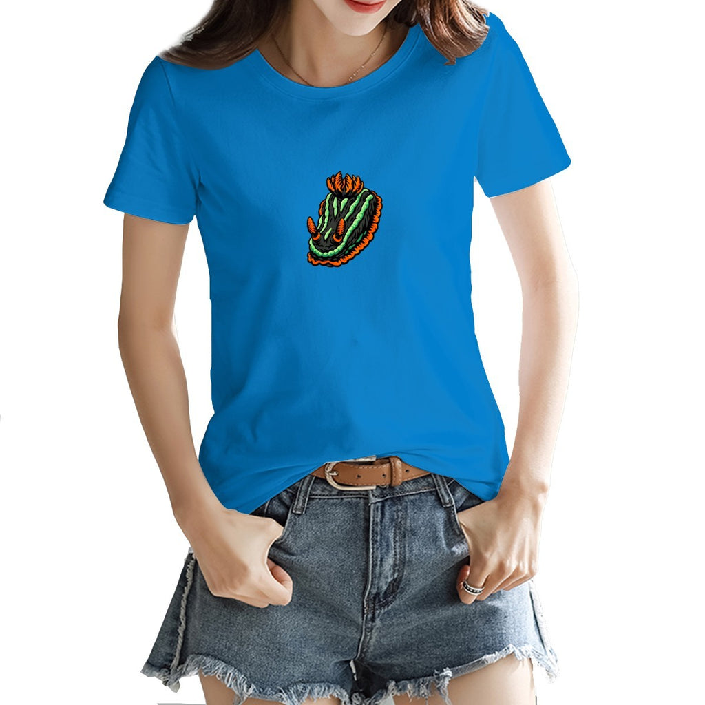 Nembrotha nudibranch tee in sky blue on a model