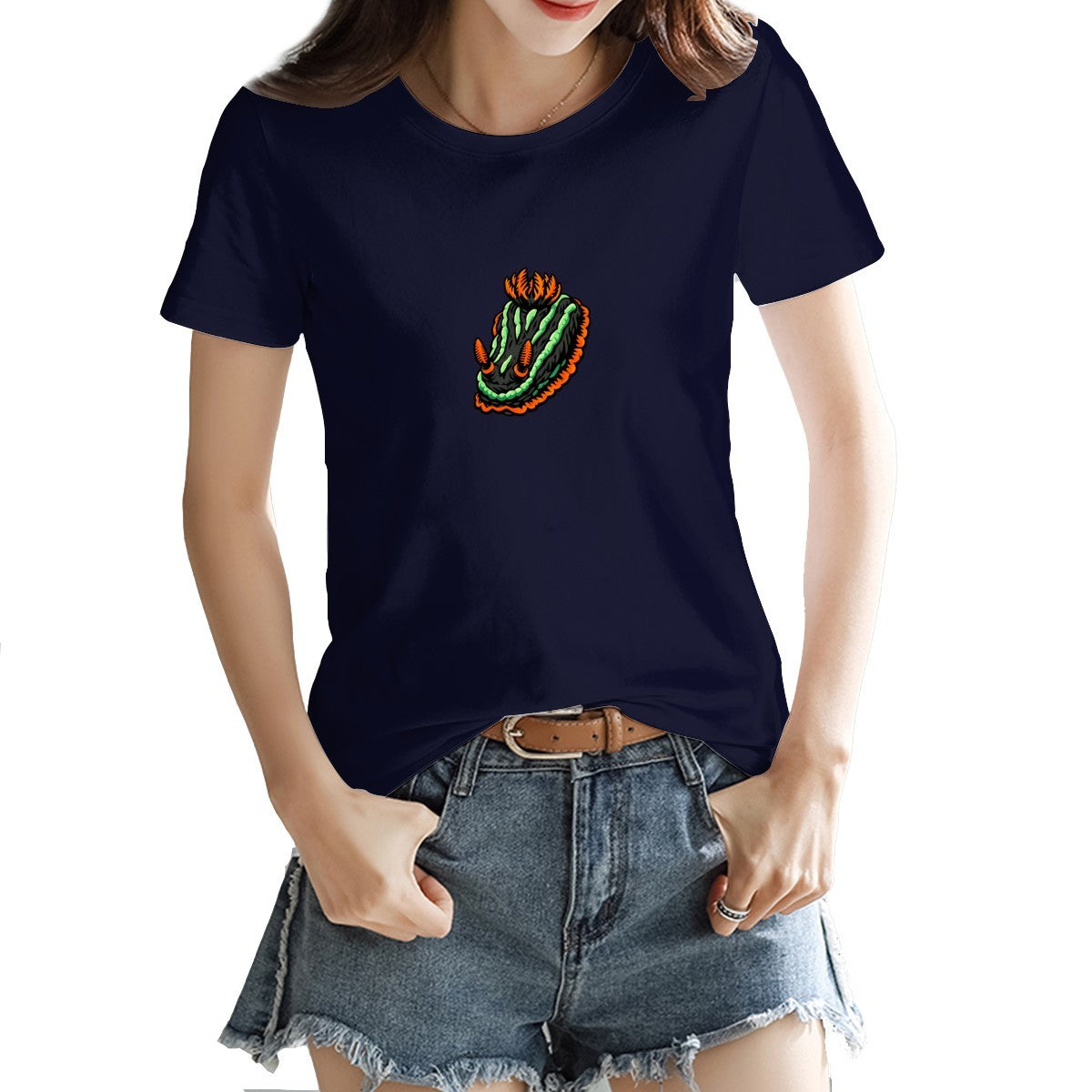 Nembrotha nudibranch tee in navy on a model