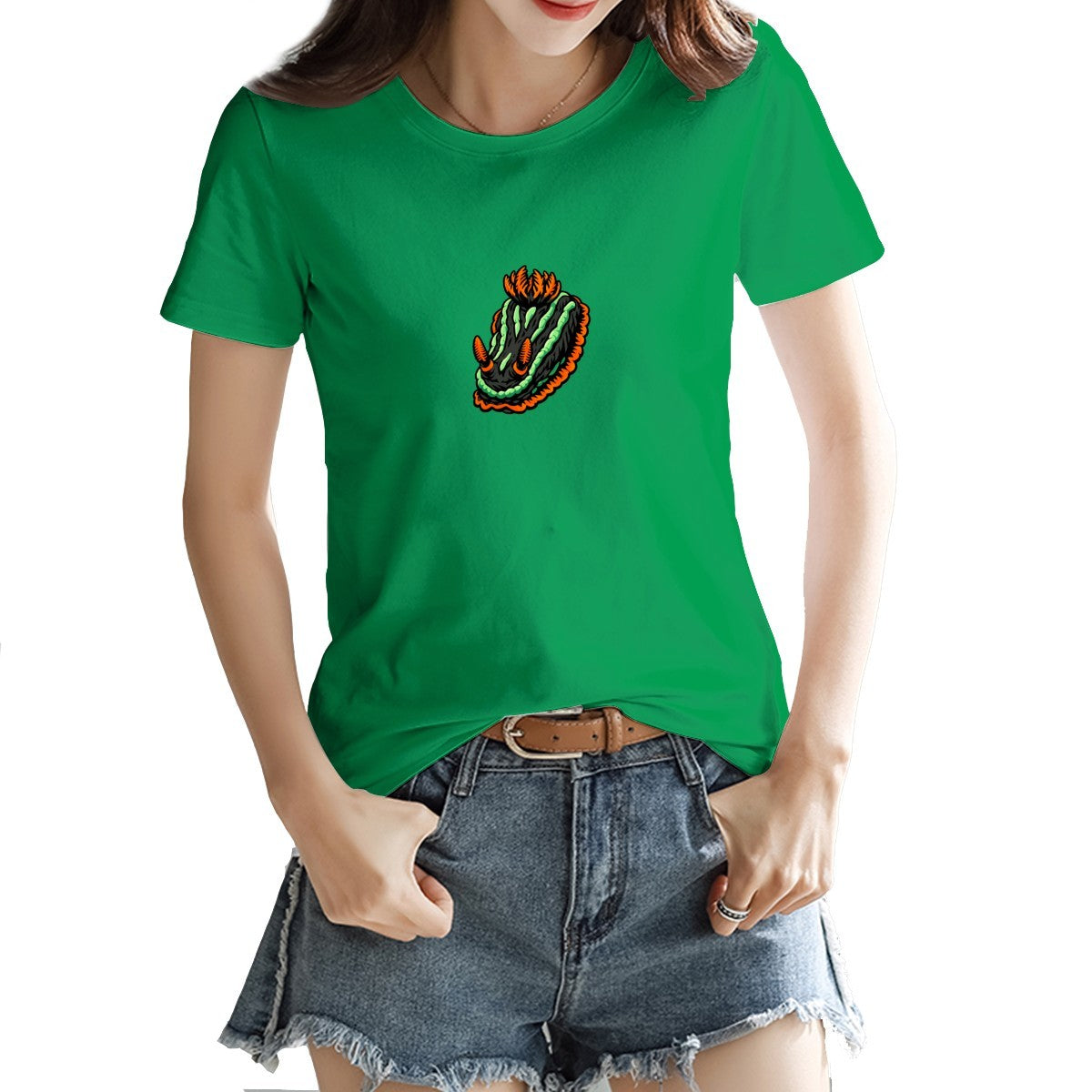 Nembrotha nudibranch tee in Irish green on a model