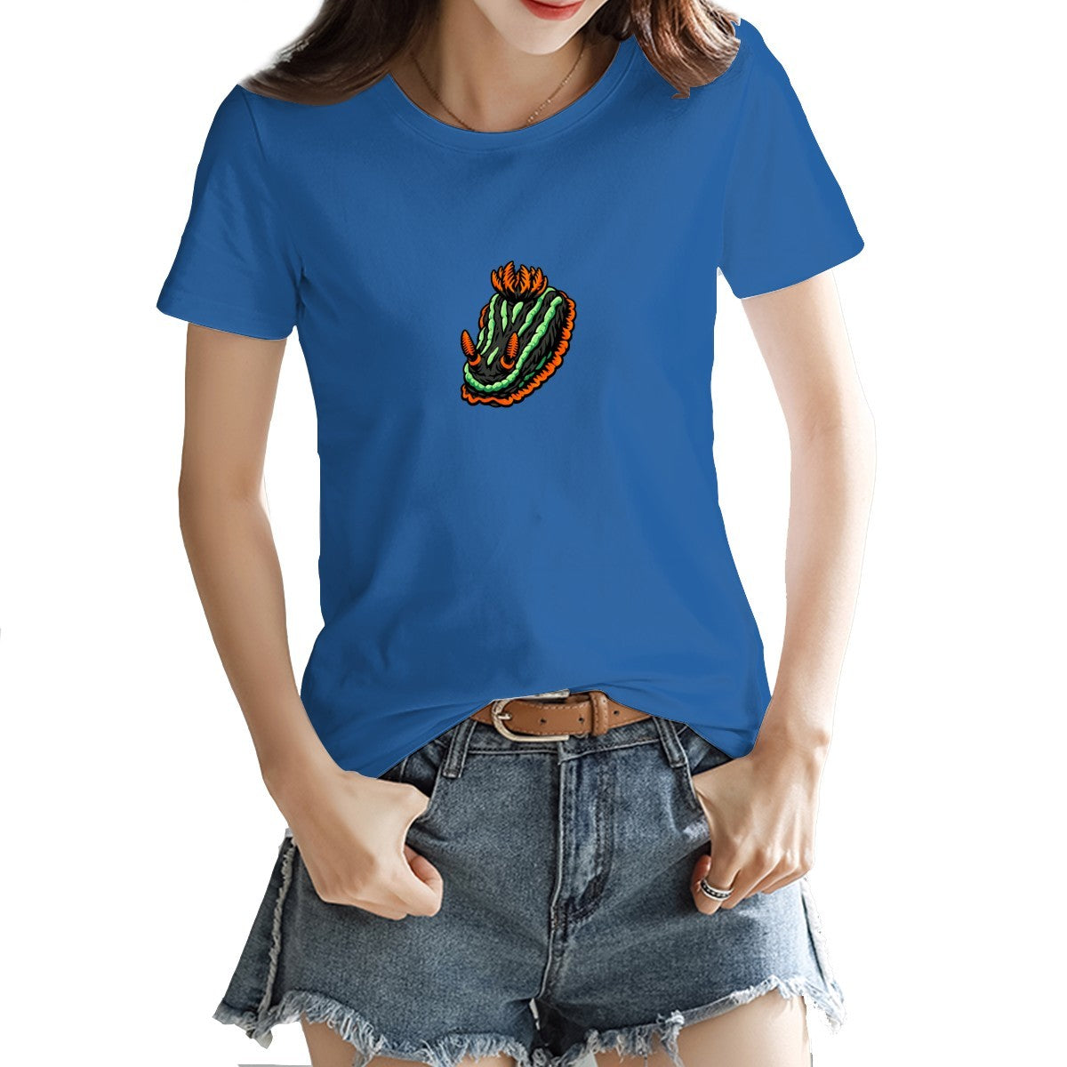 Nembrotha nudibranch tee in royal blue on a model