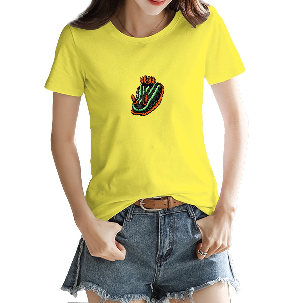 Nembrotha nudibranch tee in daisy yellow on a model