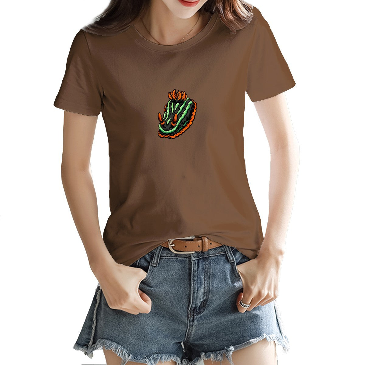 Nembrotha nudibranch tee in maroon on a model