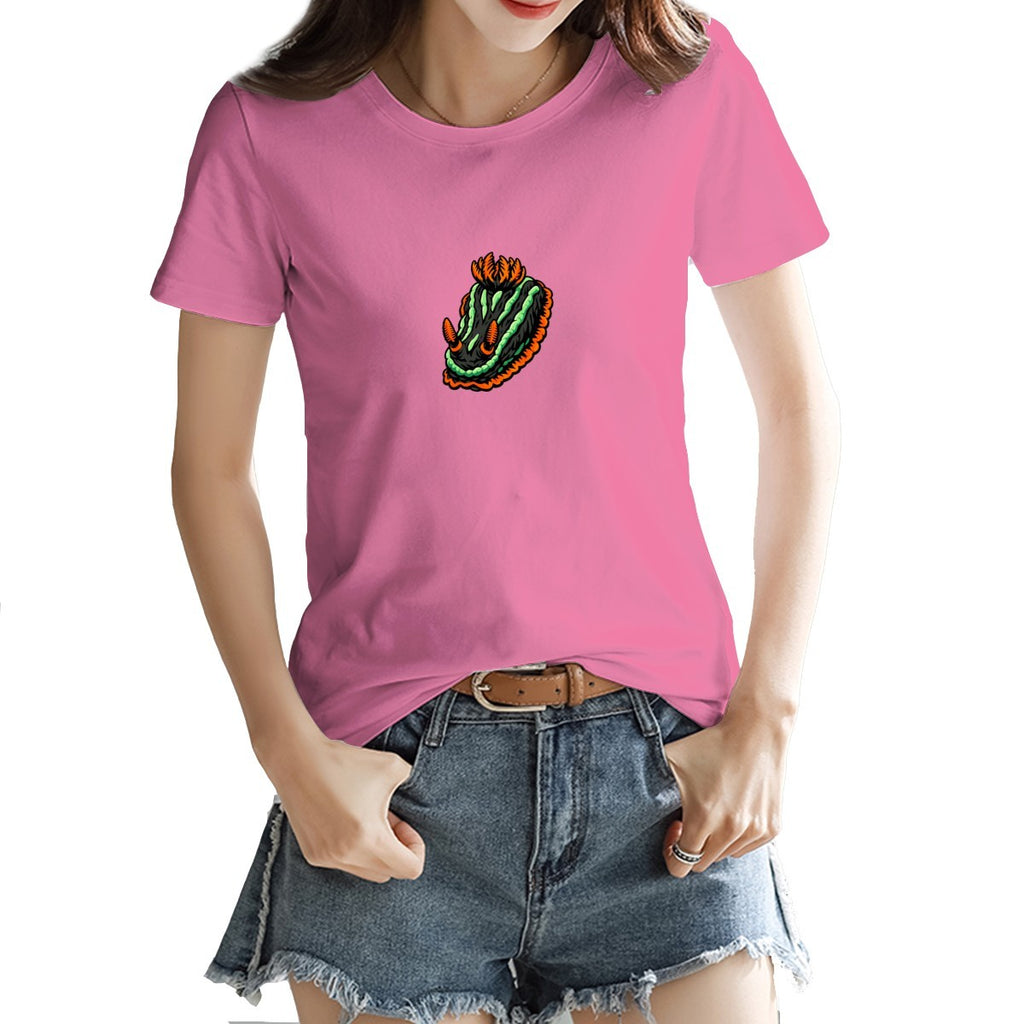 Nembrotha nudibranch tee in deep pink on a model
