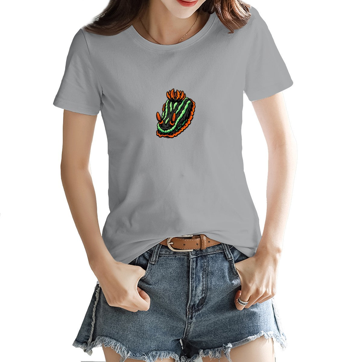 Nembrotha nudibranch tee in silver grey on a model, small green and orange sea slug print on the chest