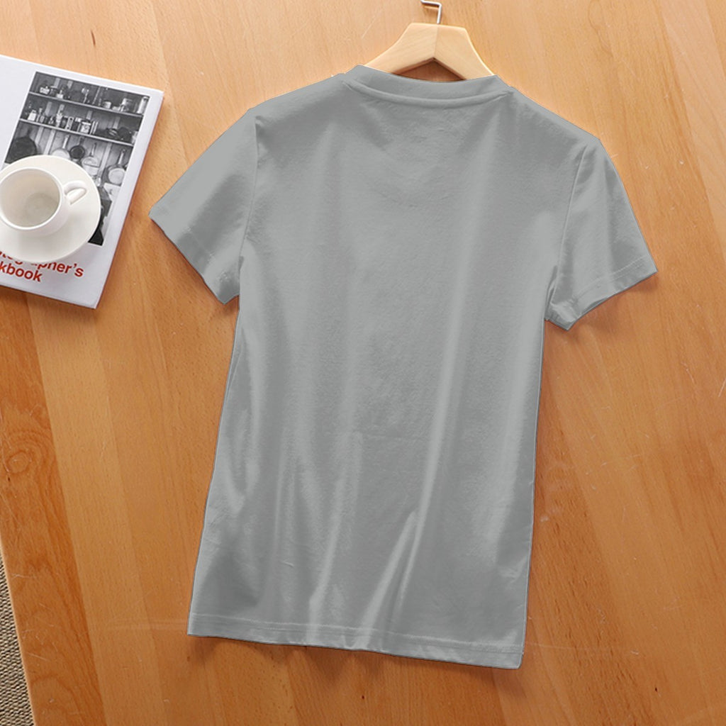 Back of the silver grey tee laid flat on a wooden table, plain with no print