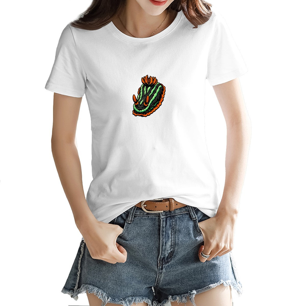 Nembrotha nudibranch tee in white on a model
