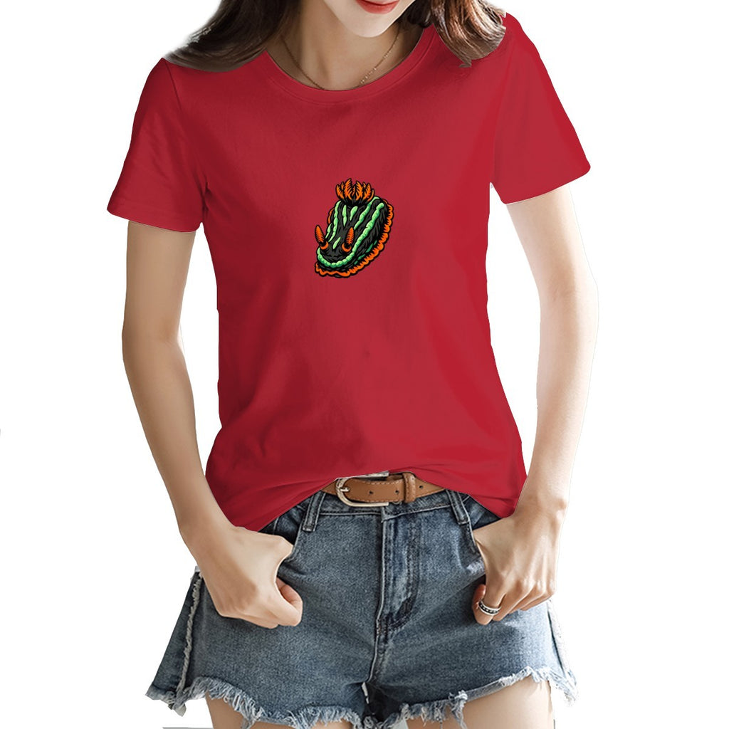 Nembrotha nudibranch tee in red on a model