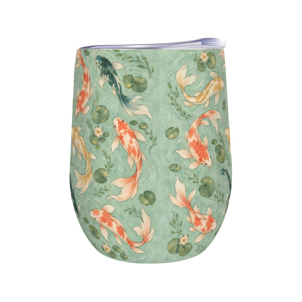 White stemless wine tumbler printed with a repeating pattern of koi