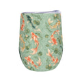 White stemless wine tumbler printed with a repeating pattern of koi
